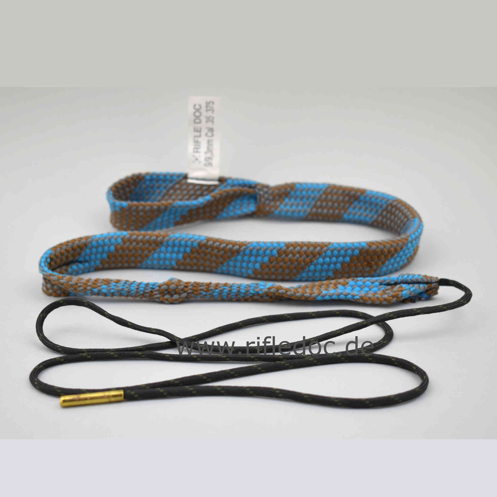 Abbildung der RIFLEDOC Reinigungsschnur Cal .357 mit zwei Bürsten ausgewickelt.